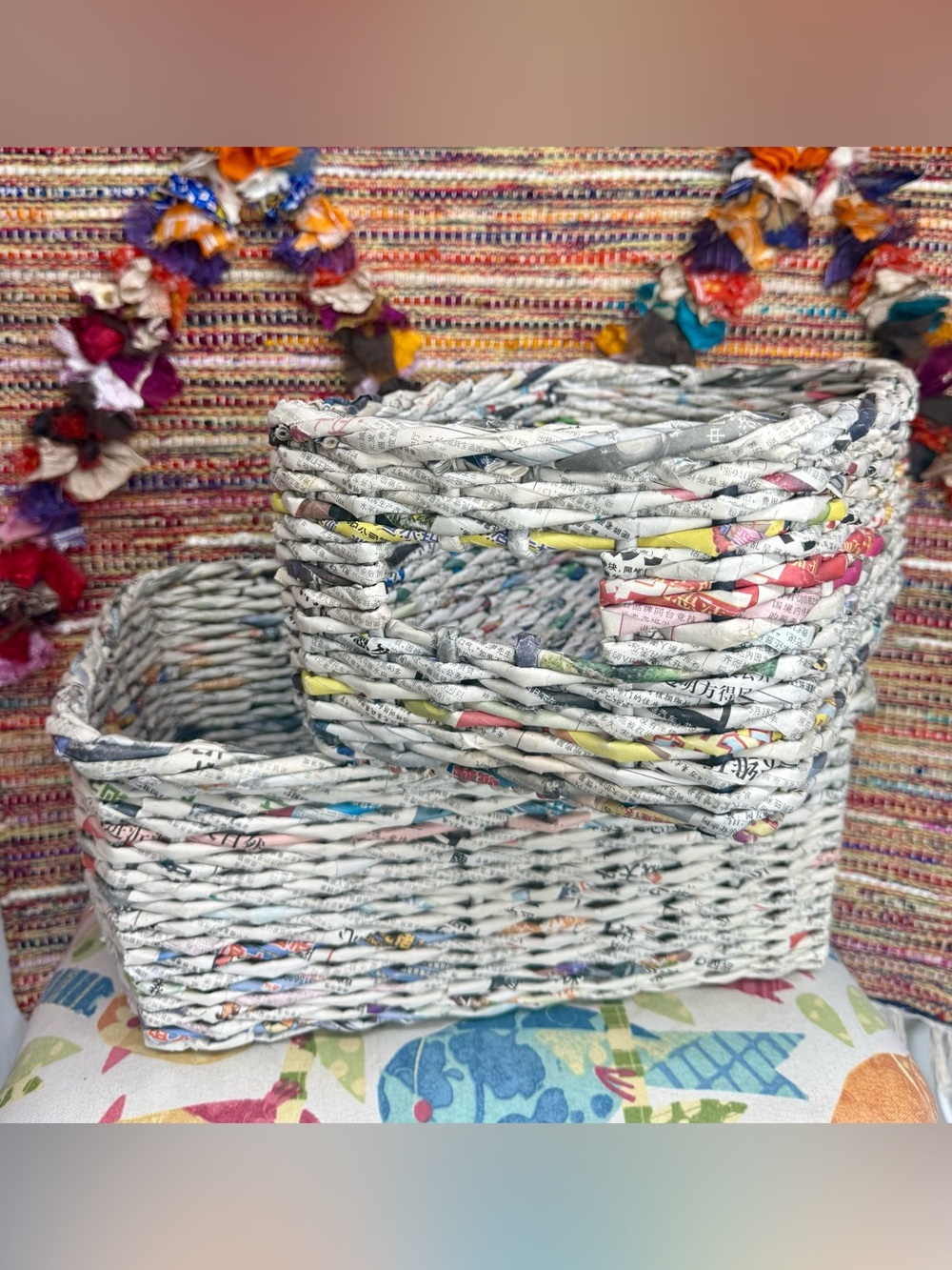 Hand Woven Recycled Newspaper Storage Baskets